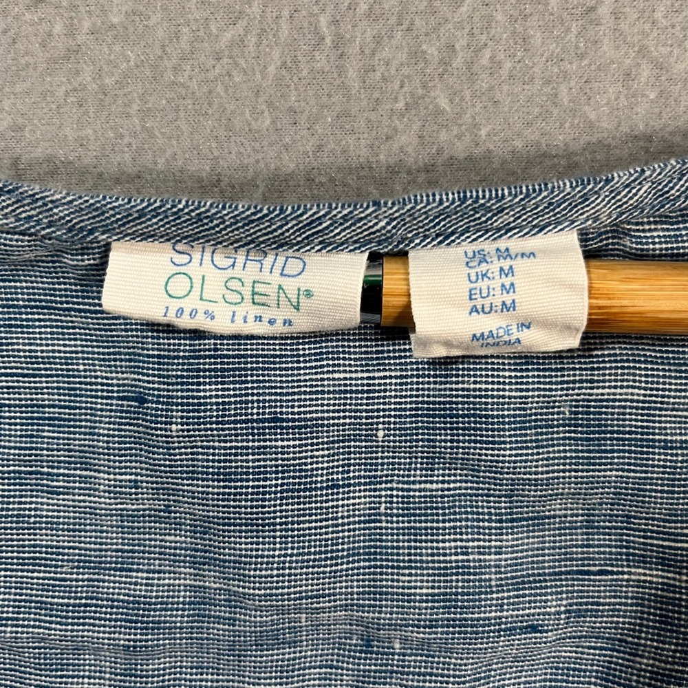 Sigrid Olsen Blue Striped 100% Linen Peplum Button Front Long Sleeve Top Women M - Picture 6 of 8